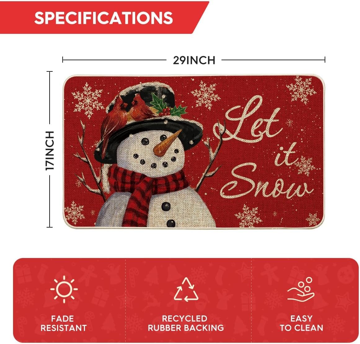 Artoid Mode Tapete de Navidad con diseño de muñeco de nieve, copos de nieve, decoración de invierno, de perfil bajo, tapete para el hogar, interior y exterior, 17 x 29 pulgadas