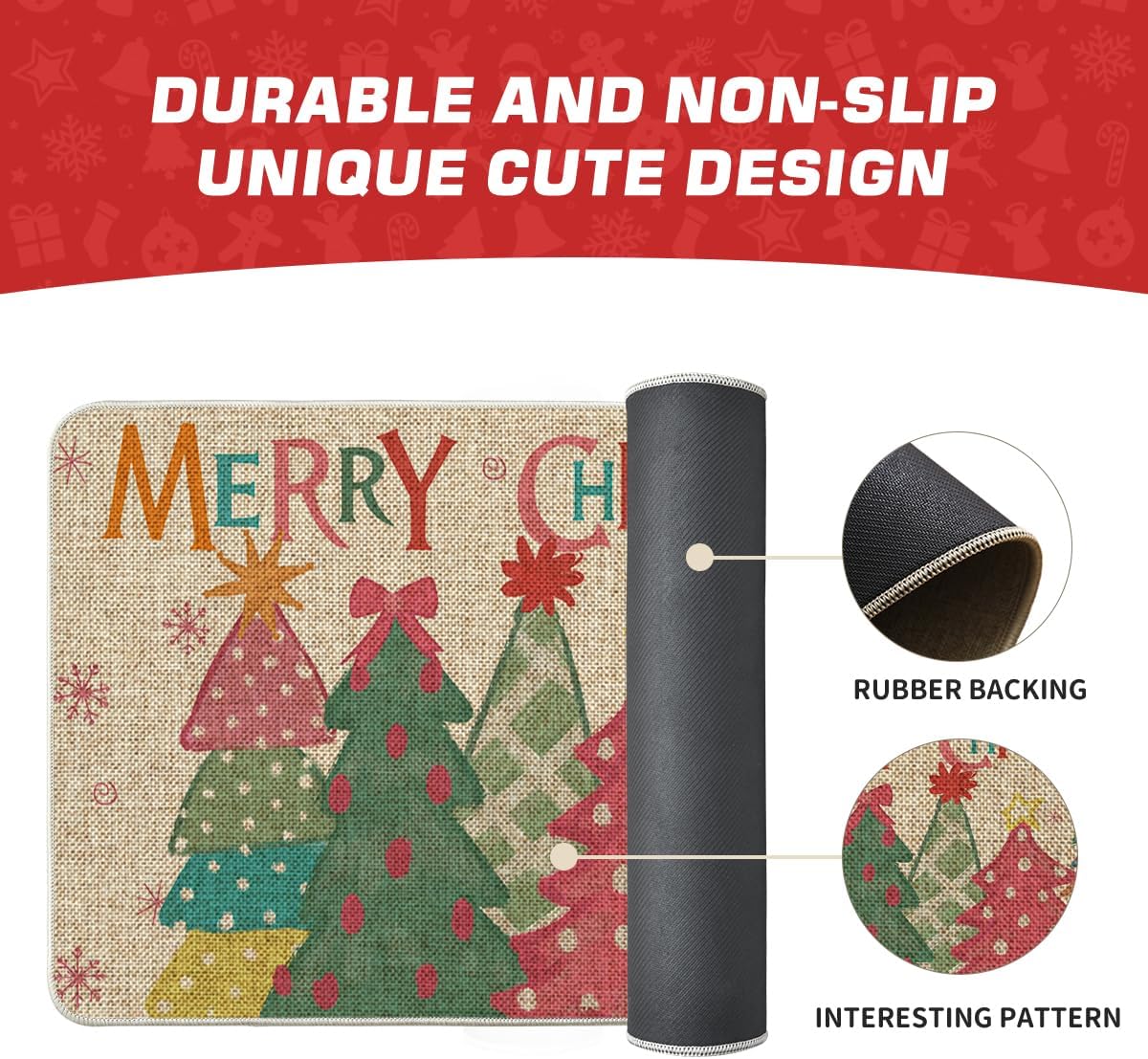 Artoid Mode Felpudo de árbol de Navidad rosa con texto en inglés "Merry Christmas", decoración del hogar, tapete de bajo perfil para interiores y exteriores, 17 x 29 pulgadas