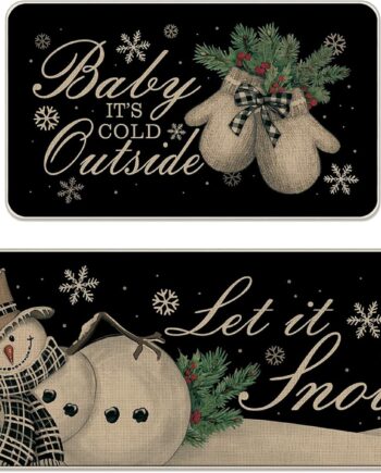 Juego de 2 alfombras de cocina negras con diseño de muñeco de nieve de invierno, Let It Snow Baby It's Cold para decoración del hogar, decoración del hogar, decoración de tapete de puerta de
