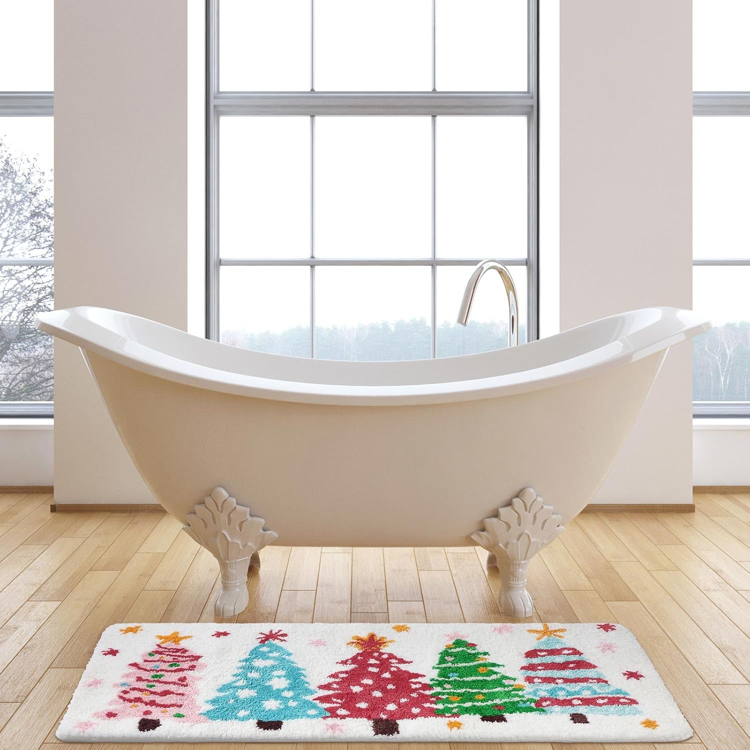 Juego de 2 alfombras de baño de Navidad de felpa suave rosa para árbol de Navidad, parte trasera antideslizante, lavable, absorbente para baño, alfombra decorativa de Navidad, invierno