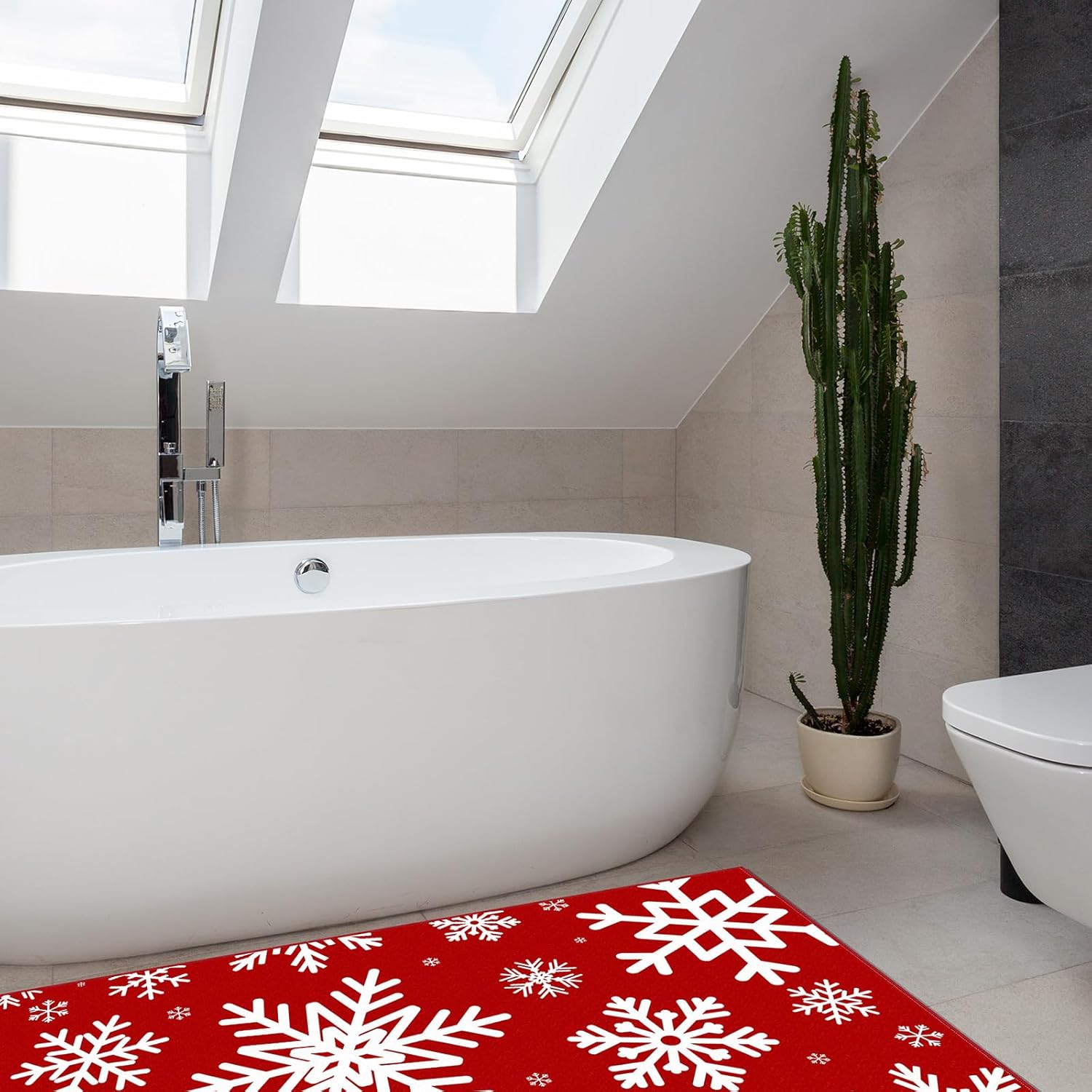 Alfombra de Navidad con diseño de copos de nieve, lavable, antideslizante, color rojo y blanco, tapete para puerta de invierno, decoración de vacaciones, para sala de estar, dormitorio,