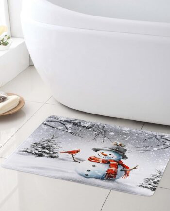 LB Tapete de baño con diseño de bosque de nieve de invierno, bonito muñeco de nieve con cardenal rojo, tapete para baño, tapete de copo de nieve blanco con árbol gris, tapete de espuma viscoelástica