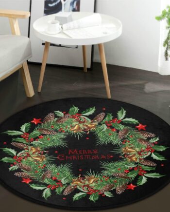 keepcute Alfombra redonda decorativa de Navidad, con corona de pino con diseño de feliz Navidad, alfombra decorativa para interiores