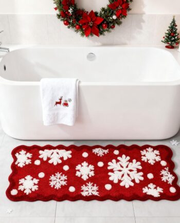 Alfombra de baño de copos de nieve de Navidad de 18 x 45 pulgadas, suave y absorbente, alfombra de baño roja de Navidad, antideslizante, lavable, decoración de baño de Navidad, decoración de