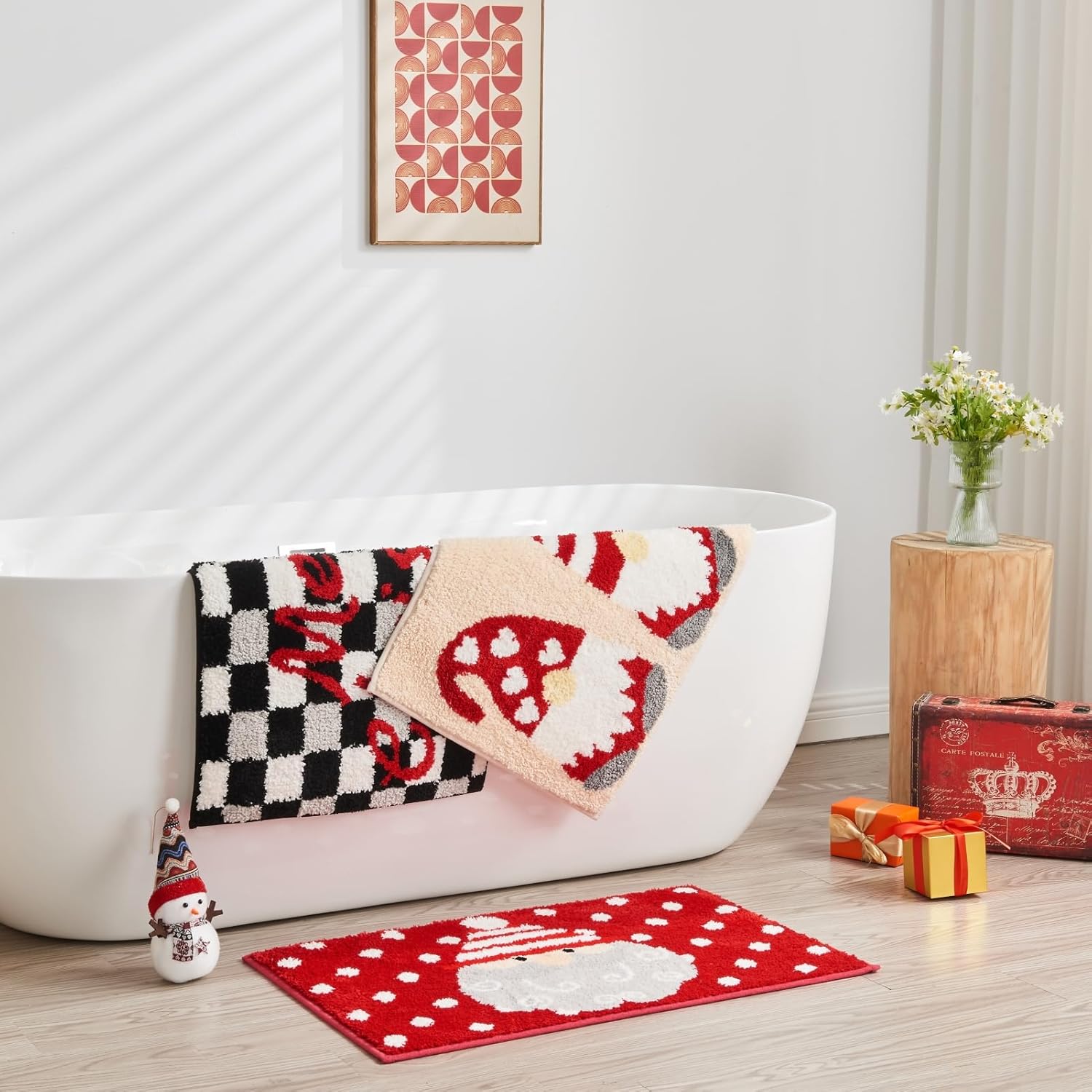 Douceur Tapetes de baño de Navidad con diseño de Papá Noel, bonitos tapetes de baño rojos, antideslizantes, suaves y absorbentes, lavables, 24 x 16 pulgadas