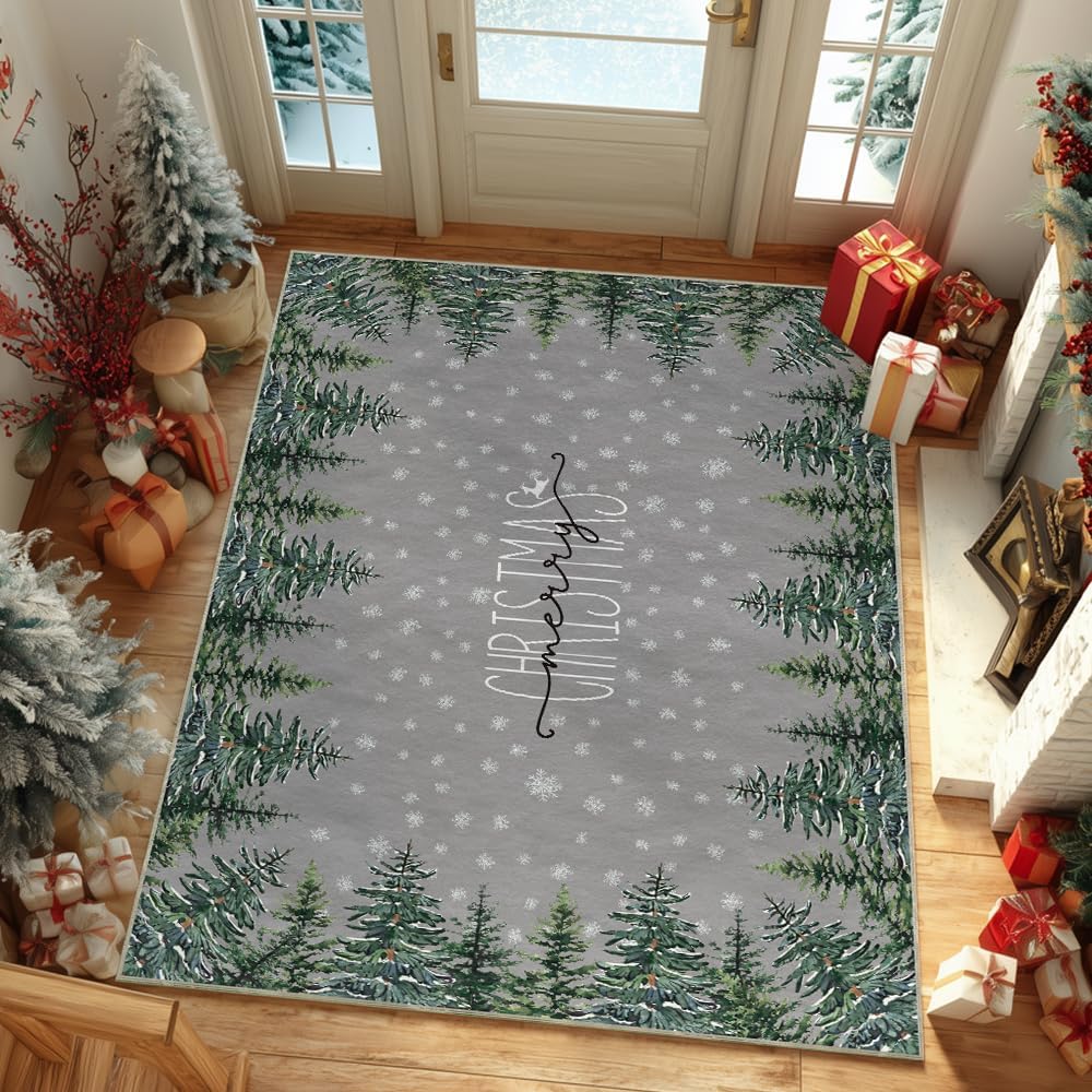 Artoid Mode Alfombra de pino gris con texto en inglés «Merry Christmas», decoración del hogar, de bajo perfil, lavable para entrada, dormitorio, sala de estar, lavandería, oficina, interior, 5 x 7