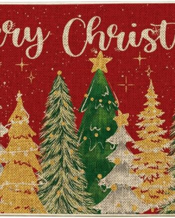 Artoid Mode Tapete rojo brillante con diseño de árboles de Navidad, decoración del hogar de invierno, tapete de bajo perfil, tapete para puerta de interior y exterior, 17 x 29 pulgadas