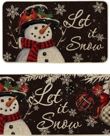 Artoid Mode Juego de 2 tapetes de cocina de Navidad con diseño de muñeco de nieve y copo de nieve negro, decoración del hogar, alfombras de cocina de bajo perfil para piso, 17 x 29 y 17 x 47 pulgadas