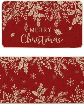 Artoid Mode Holly Pine Branches Leaves Merry Christmas - Juego de 2 tapetes de cocina de bajo perfil para suelo, 17 x 29 y 17 x 47 pulgadas