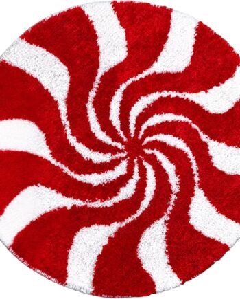 Christmas Bathroom Rugs, 24 Inch Round Christmas Carpet, Washable Red and White Candy Tufted Bath Mat, Non-Slip Absorbent Floor Mat with Backing for Tub, Living Room, Bedroom (Red)
