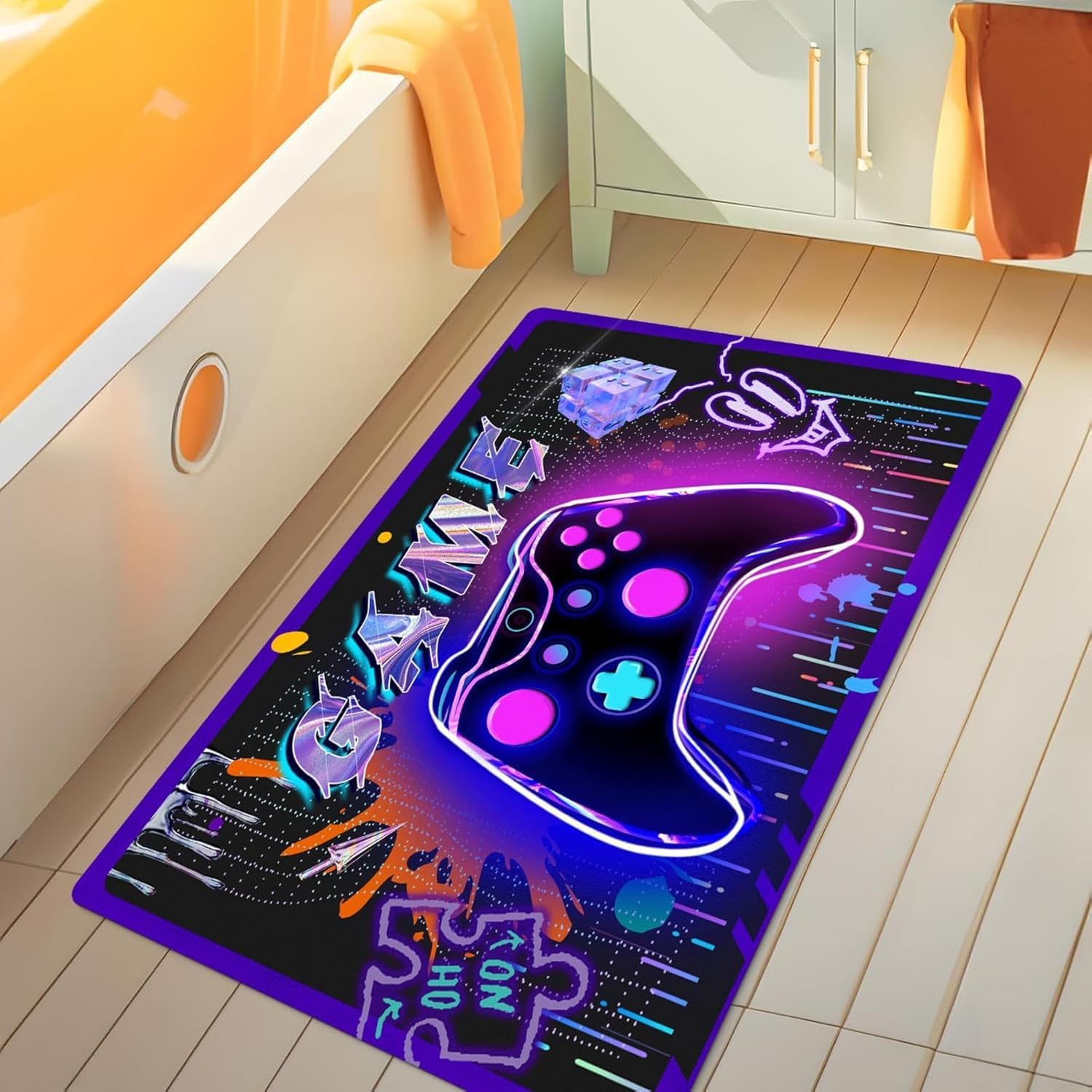 Alfombra de videojuegos para habitación de niños, 35 x 24 pulgadas, pequeña, colorida alfombra con controlador para entrada de sala de juegos, antideslizante, fácil de limpiar, decoración de cabecera