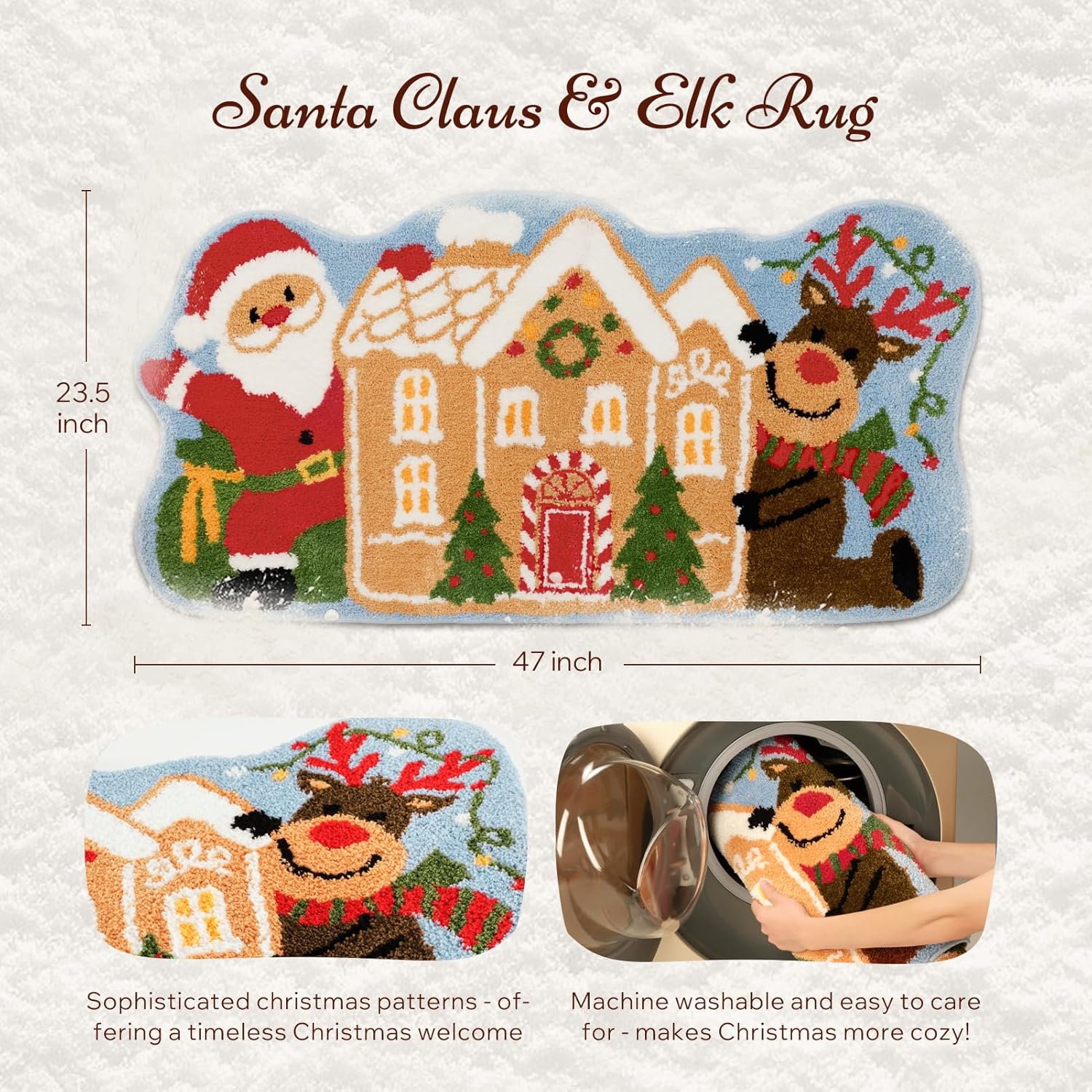 Phantoscope Alfombra de área de Feliz Navidad, alfombra suave de casa de jengibre con Papá Noel y renos, alfombra de baño decorativa de Navidad con respaldo antideslizante de TPR para sala de estar