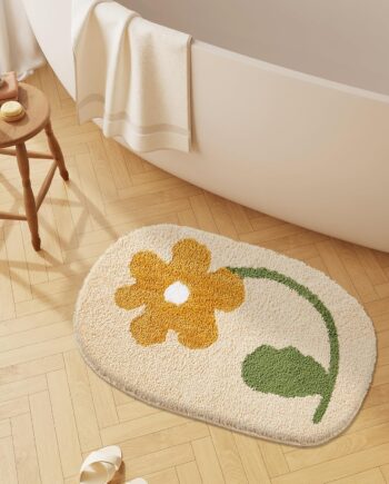 Tapete de baño pequeño y bonito, bohemio, con estampado floral amarillo, antideslizante, lavable, absorbente, tapete estético para baño, dormitorio, cocina, puerta, 19.6 x 31.4 pulgadas