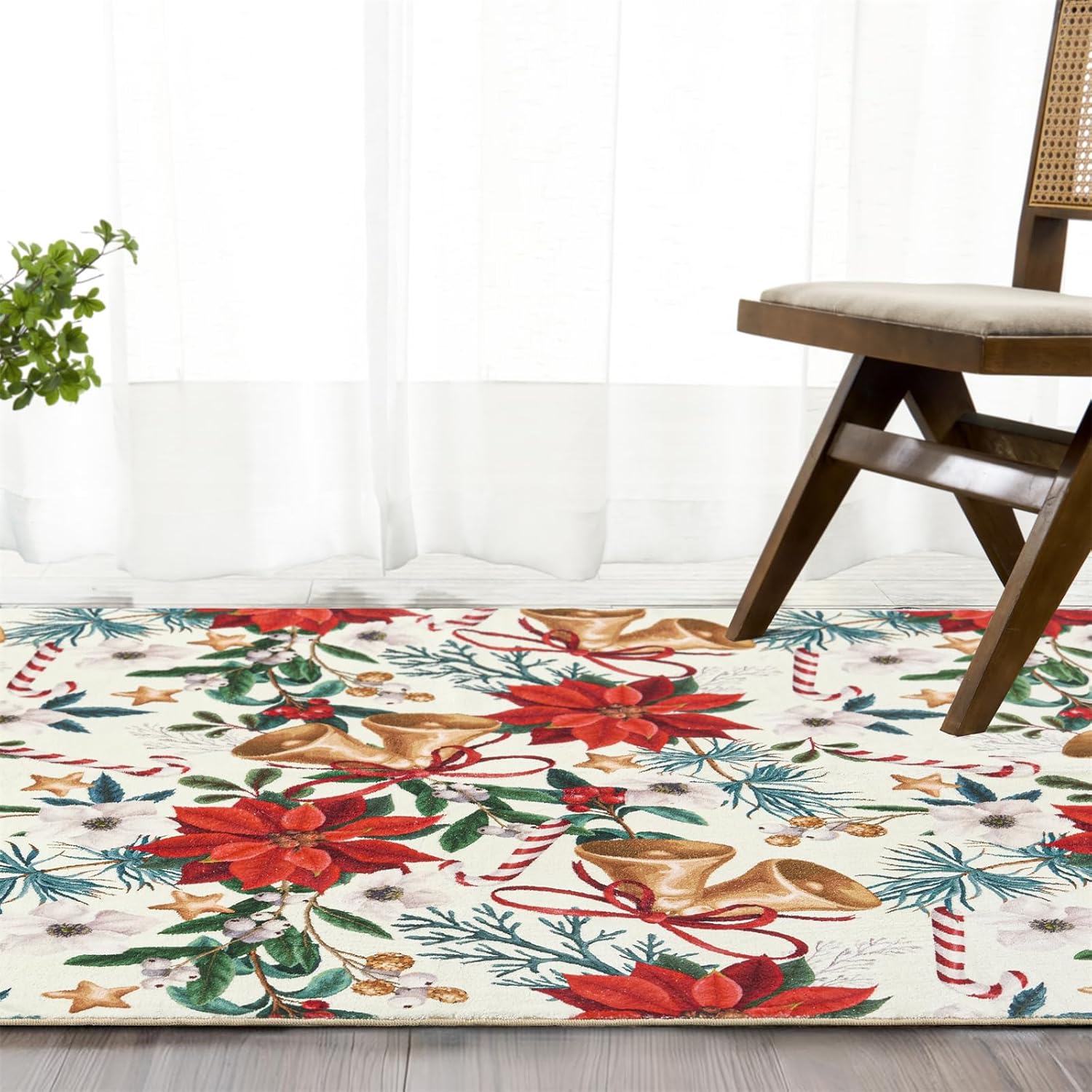 RoomTalks Tapete vintage de Navidad para puerta de interior de 2 x 3 pulgadas, alfombra de entrada de pelo bajo, lavable, árbol de Navidad, flores rojas, alfombra de plantas de invierno, alfombras de