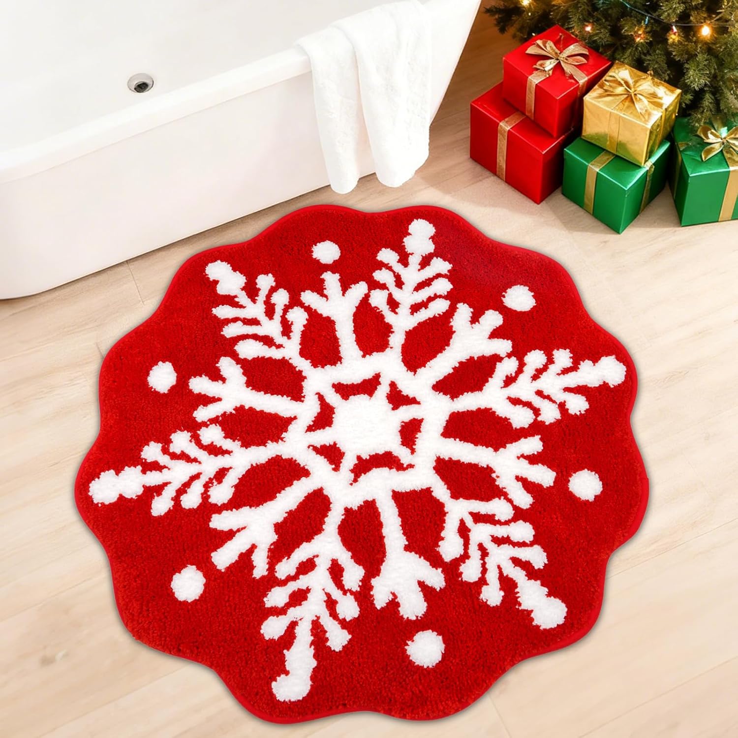 Alfombras de baño de Navidad para baño, alfombra de baño con forma de copo de nieve rojo, alfombras de baño suaves y absorbentes, alfombra antideslizante para ducha, baño y dormitorio