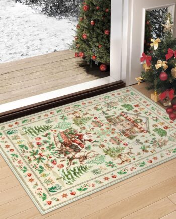 Alfombras de Navidad de 2 x 3 pulgadas, color beige, lavable, suave, antideslizante, tapete de Navidad con estampado de alce de Papá Noel, alfombra de cocina pequeña, decoración navideña para