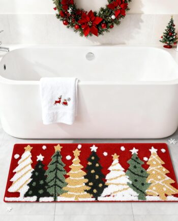 Alfombra de baño con árbol de Navidad de 18 x 45 pulgadas, suave y absorbente, tapete de baño con copos de nieve de Navidad, antideslizante, lavable, decoración de baño de Navidad, decoración roja de