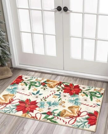 RoomTalks Tapete vintage de Navidad para puerta de interior de 2 x 3 pulgadas, alfombra de entrada de pelo bajo, lavable, árbol de Navidad, flores rojas, alfombra de plantas de invierno, alfombras de