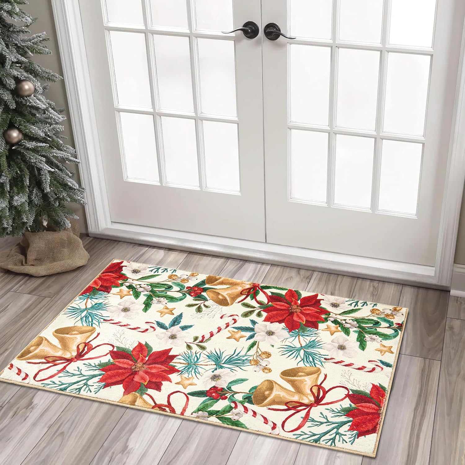 RoomTalks Tapete vintage de Navidad para puerta de interior de 2 x 3 pulgadas, alfombra de entrada de pelo bajo, lavable, árbol de Navidad, flores rojas, alfombra de plantas de invierno, alfombras de