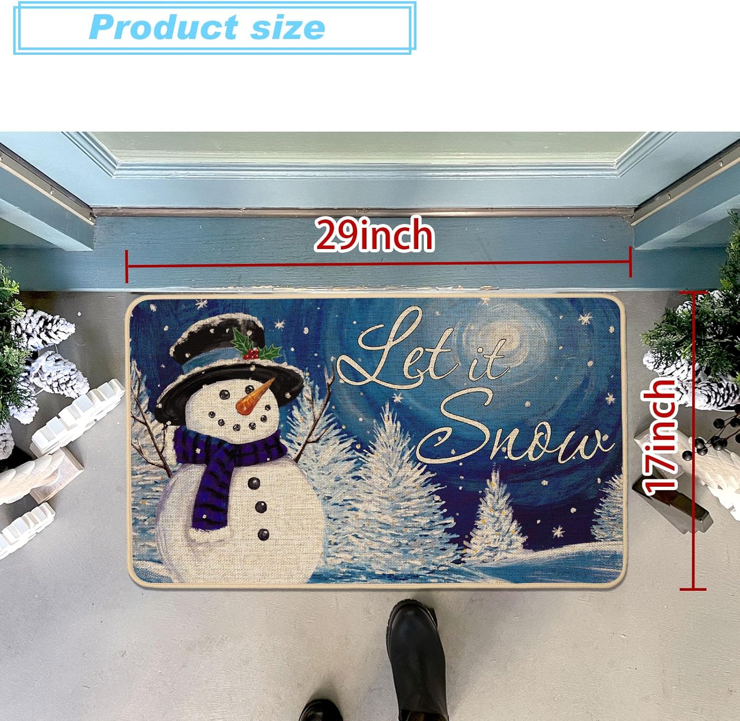 Baccessor Tapete de invierno con diseño de muñeco de nieve Let It Snow, tapete de bienvenida con copos de nieve, cielo estrellado, decorativo para interiores y exteriores, tapete de entrada con parte