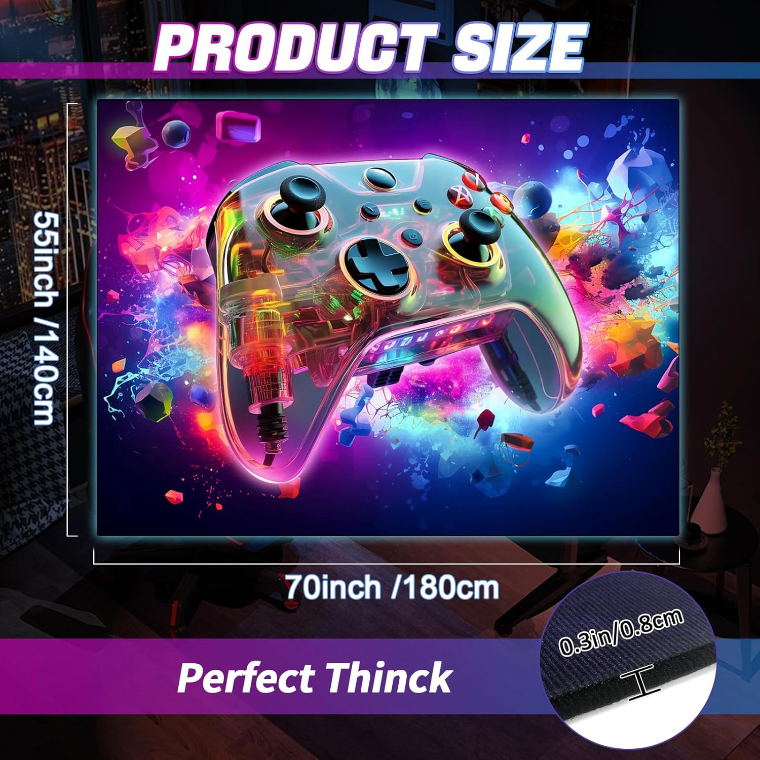 Alfombra de área de juegos para adolescentes, tapete transparente 3D de gamepad y fondo de bomba colorida, diseño de controlador para sala de juegos, sala de juegos, dormitorio de niños y niñas, sala