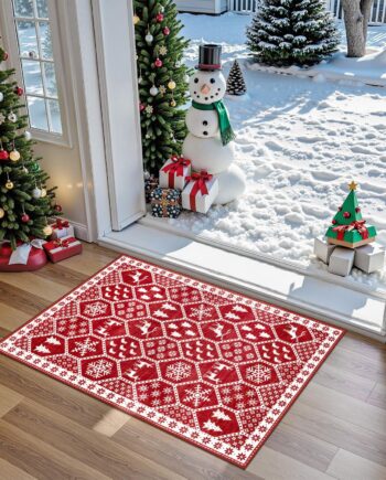 Seavish Tapete de Navidad para puerta, 2 x 3, color rojo, antideslizante, lavable, de pelo bajo, suave, para entrada, entrada, hogar, decoración de Navidad para baño, dormitorio, tocador, cuarto de