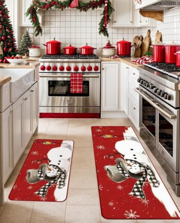 Juego de 2 alfombras de cocina con copos de nieve y muñeco de nieve de Feliz Navidad, tapetes decorativos de bajo perfil, alfombra antideslizante lavable para decoración del hogar, cuarto de