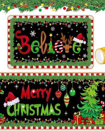 Duraaamo Juego de 2 alfombras y tapetes de cocina de Navidad, color verde lima, negro, decoración de cocina de Navidad, tapetes antideslizantes para el suelo, tapetes impermeables para decoración del