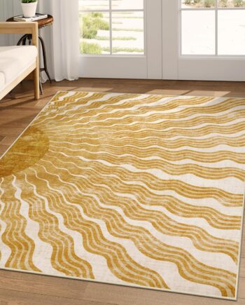 Alfombra bohemia lavable de 5 x 7 pies, suave con estampado solar, para dormitorio, aula, ultrafina, antideslizante, resistente a las manchas, para niños, sala de estar, oficina (5 x 7 pies