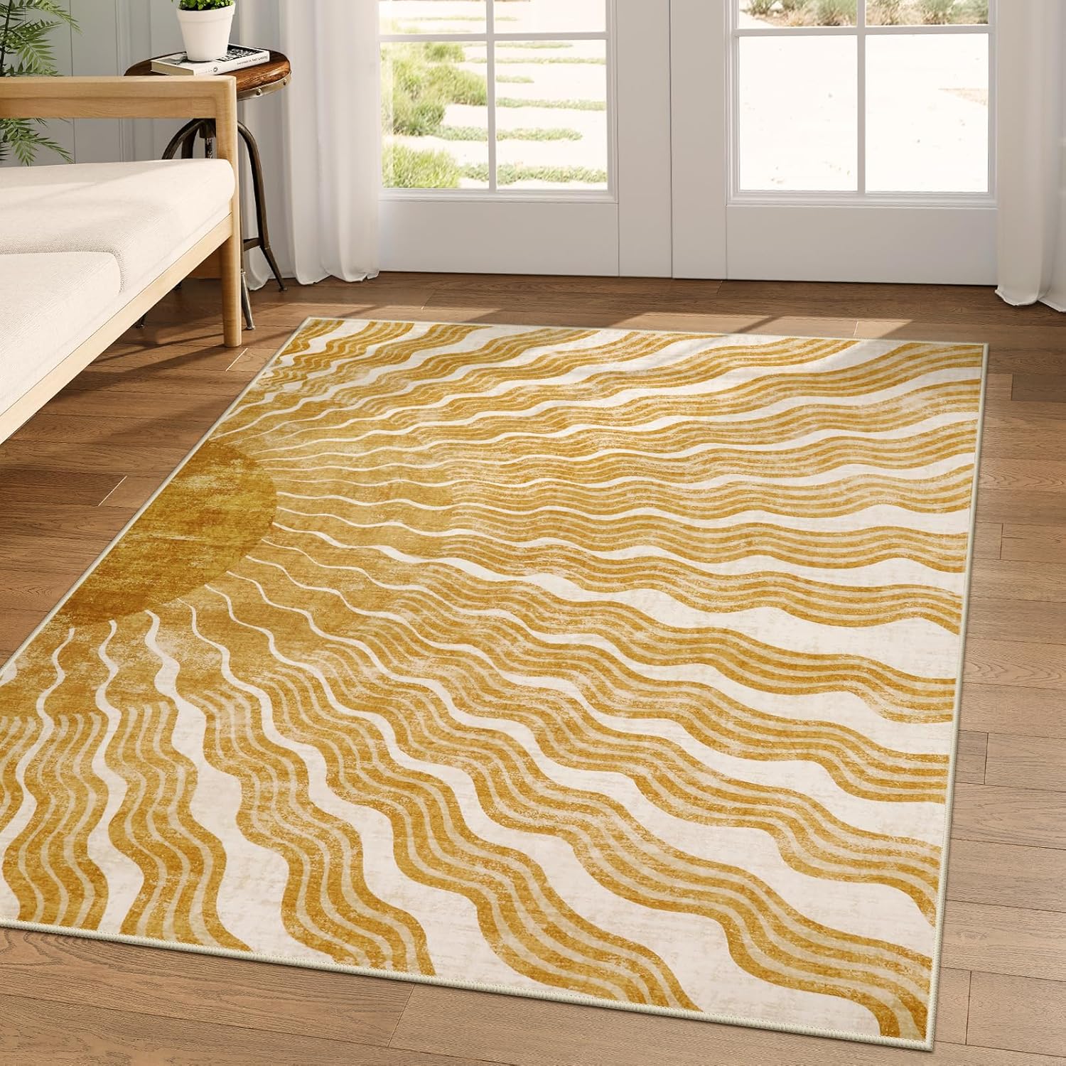Alfombra bohemia lavable de 5 x 7 pies, suave con estampado solar, para dormitorio, aula, ultrafina, antideslizante, resistente a las manchas, para niños, sala de estar, oficina (5 x 7 pies
