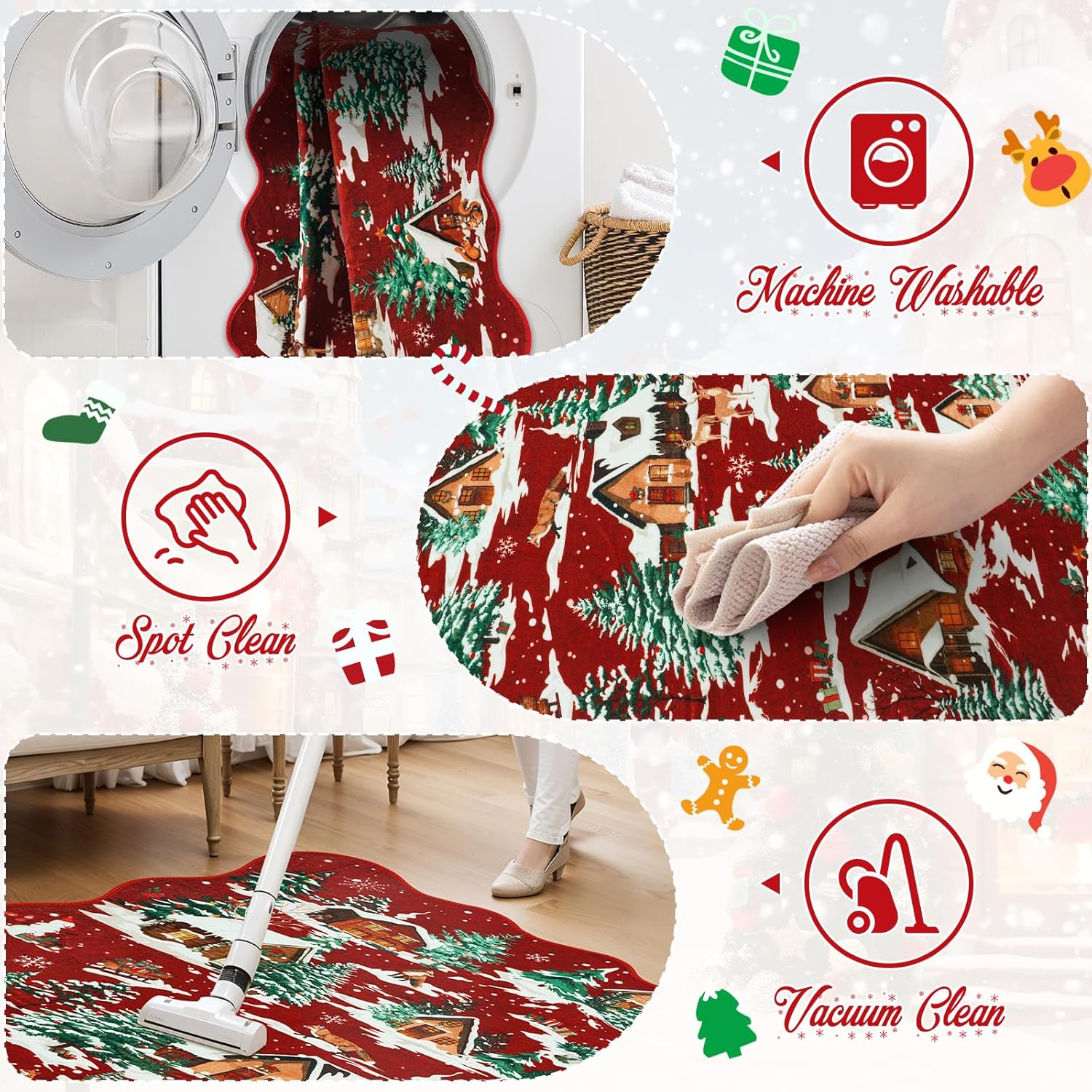 LIVEBOX Alfombra de Navidad lavable de 5 x 7 pies, alfombra roja para sala de estar, alfombras de árbol de Navidad para dormitorio, alfombra festoneada antideslizante bohemia para comedor, alfombra de