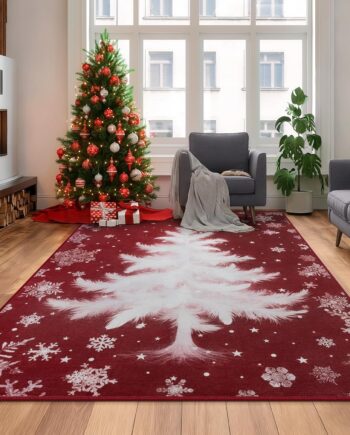 Christmas Indoor Area Rug 3x5, Red Machine Washable Bedroom Rug, Christmas Tree Print Soft Rugs with Non-Slip Rubber Backing, Holiday Decorations Carpet for Living Room, Entryway, Kitchen Rug