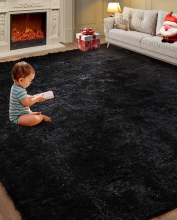 Alfombras súper suaves para sala de estar, de 5 x 7 pies, color negro, esponjoso, peludo, peludo, rectangular, de pelo alto, tapete suave mejorado para dormitorio y habitación de los niños, decoración