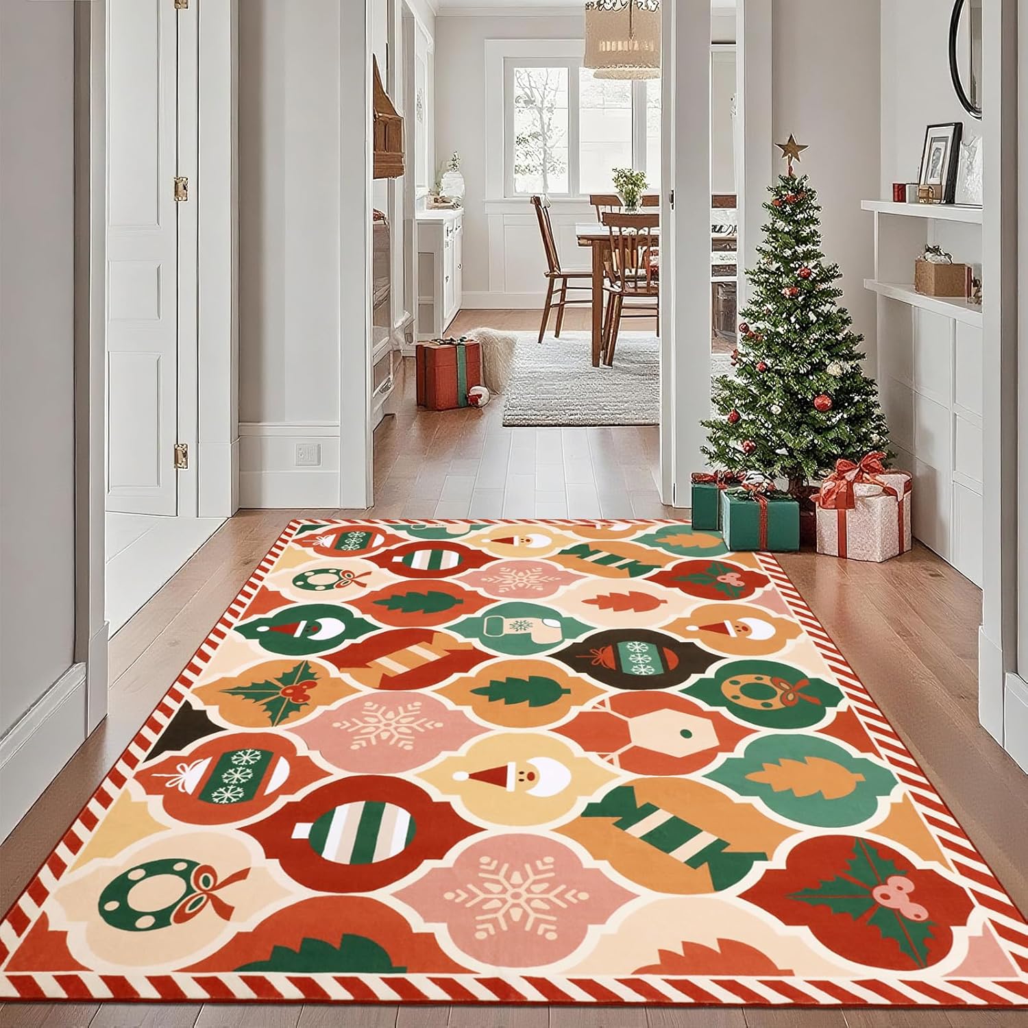 nesrt Alfombras de área de Navidad de 5 x 7 pies, lavables, coloridas alfombras de Navidad con enrejado marroquí para sala de estar, dormitorio, alfombra de pelo bajo que no se desprende, alfombra suave para guardería, comedor, cocina, sala de juegos, decoración de vacaciones