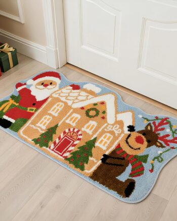 Phantoscope Alfombra de área de Feliz Navidad, alfombra suave de casa de jengibre con Papá Noel y renos, alfombra de baño decorativa de Navidad con respaldo antideslizante de TPR para sala de estar
