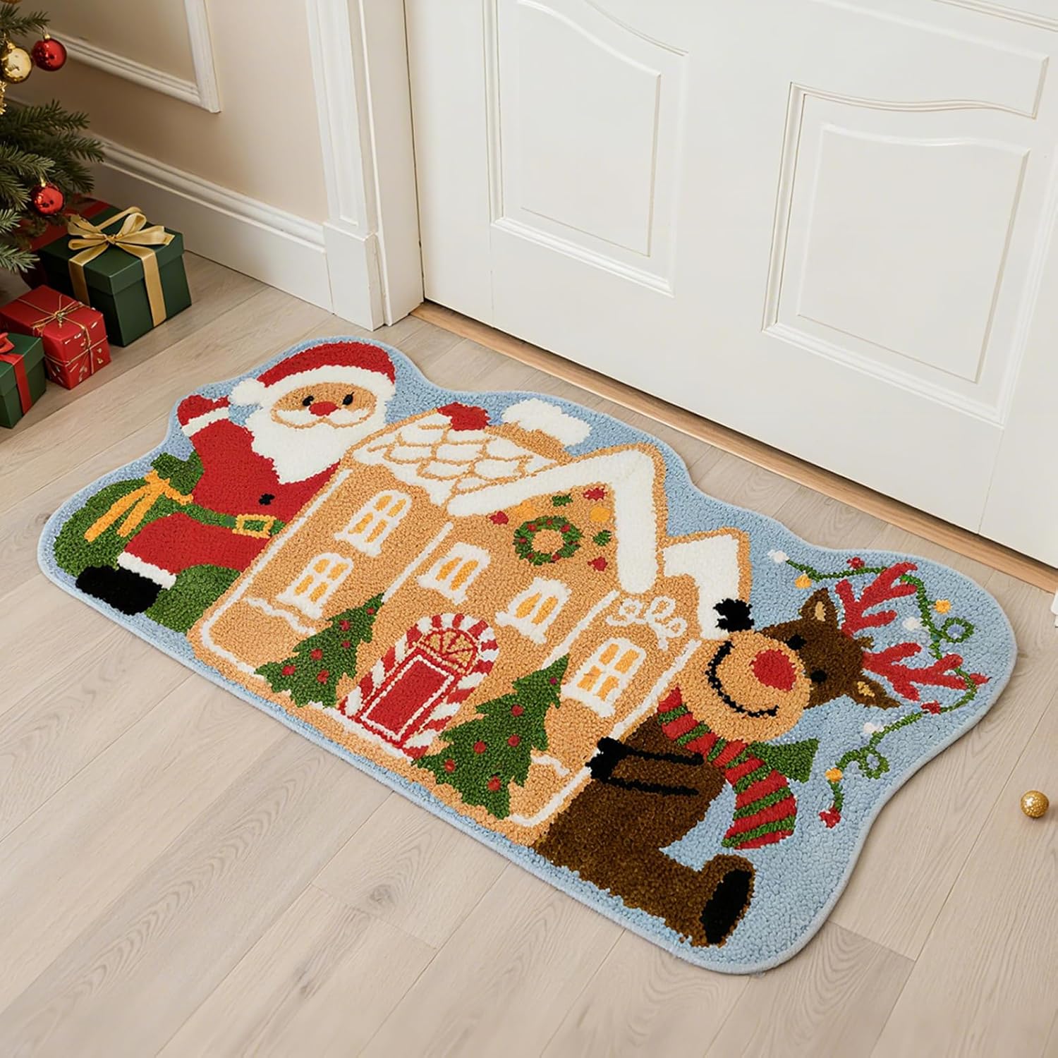 Phantoscope Alfombra de área de Feliz Navidad, alfombra suave de casa de jengibre con Papá Noel y renos, alfombra de baño decorativa de Navidad con respaldo antideslizante de TPR para sala de estar