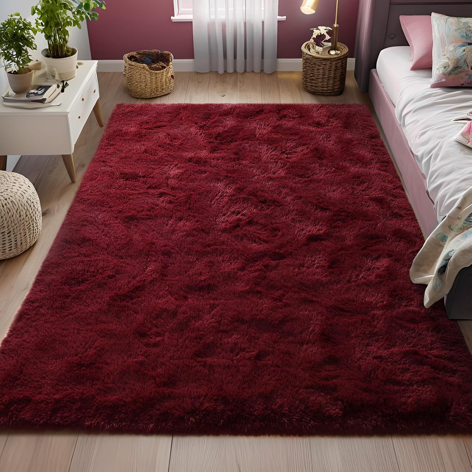 Alfombras peludas de color rojo burdeos para dormitorio, 4 x 6 pies, alfombra de área de color rojo oscuro para sala de estar, alfombra de suelo suave y lanuda para dormitorio de niños y niñas,