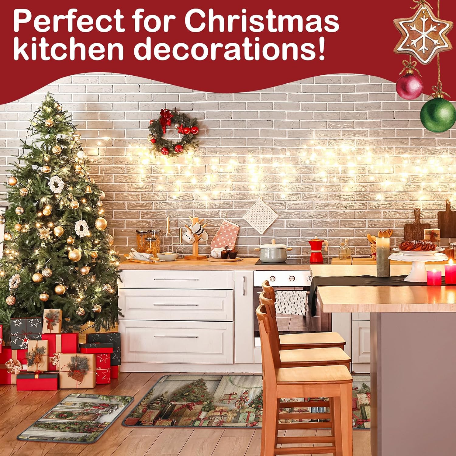 Ceenna Juego de 2 alfombras y tapetes de cocina de invierno, copos de nieve, renos, vacaciones, fregadero, cocina, baño, árbol de Navidad, decoración para el hogar, 17 x 30 pulgadas, 17 x 47 pulgadas