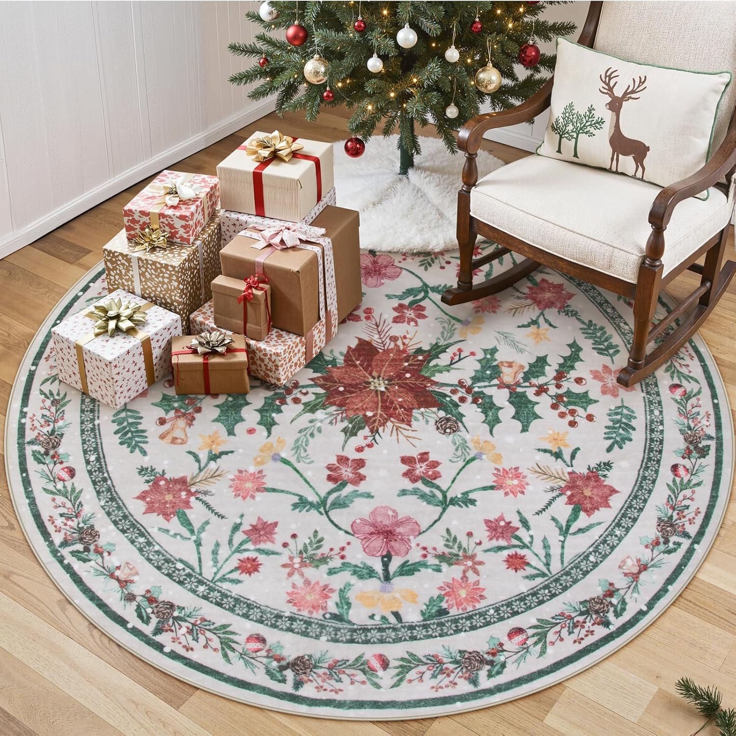 Wonnitar Tapete redondo y lavable de 5 pies, para Navidad, para dormitorio y habitación niños, con estampado de flores de Pascua, bohemio, para comedor, sala o debajo del árbol de Navidad, decorativo
