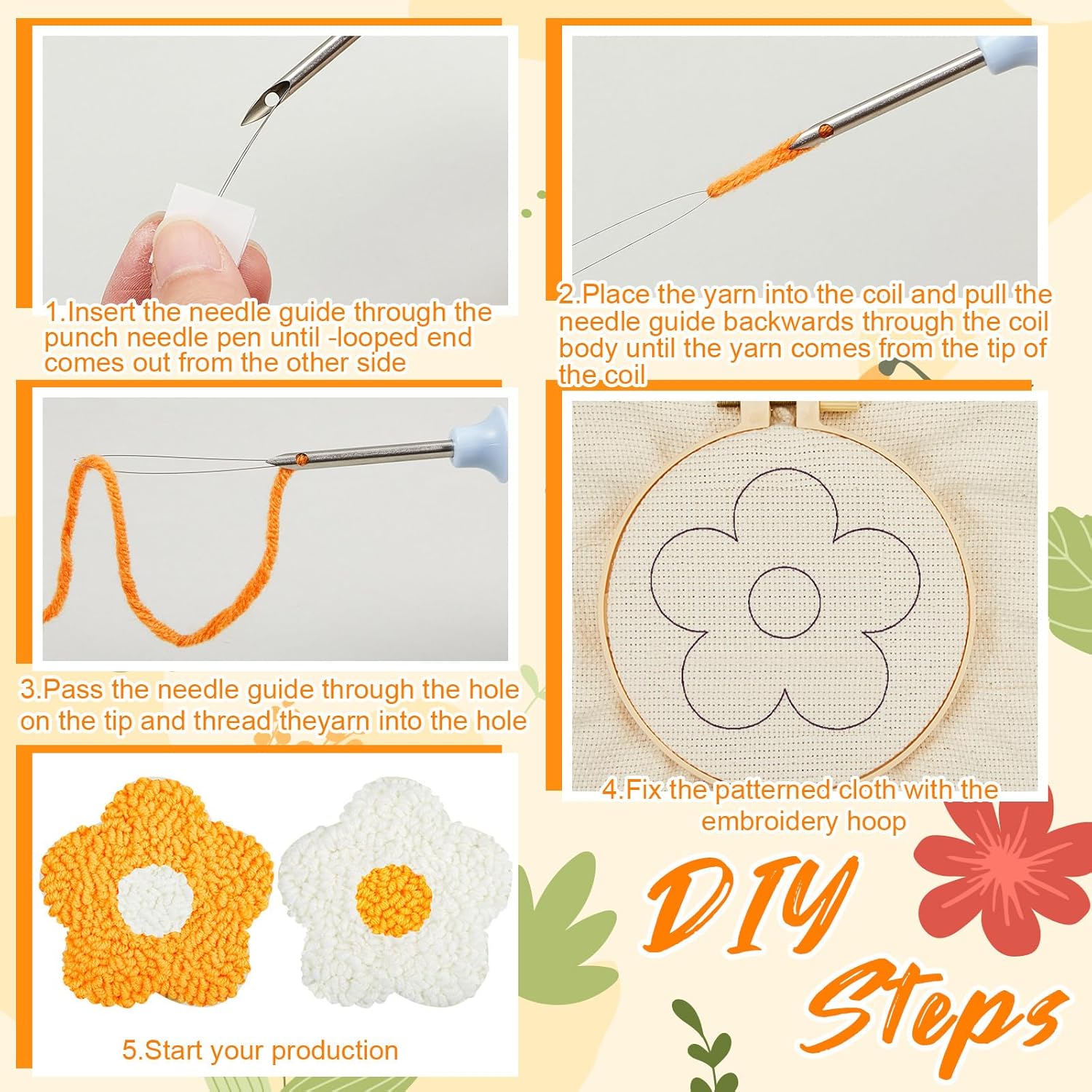 Preboun Kit de 8 posavasos con aguja perforadora de flores, kit de bordado de aguja para adultos principiantes, suministros de bricolaje, posavasos copetudos, incluyendo hilos y herramientas de aro