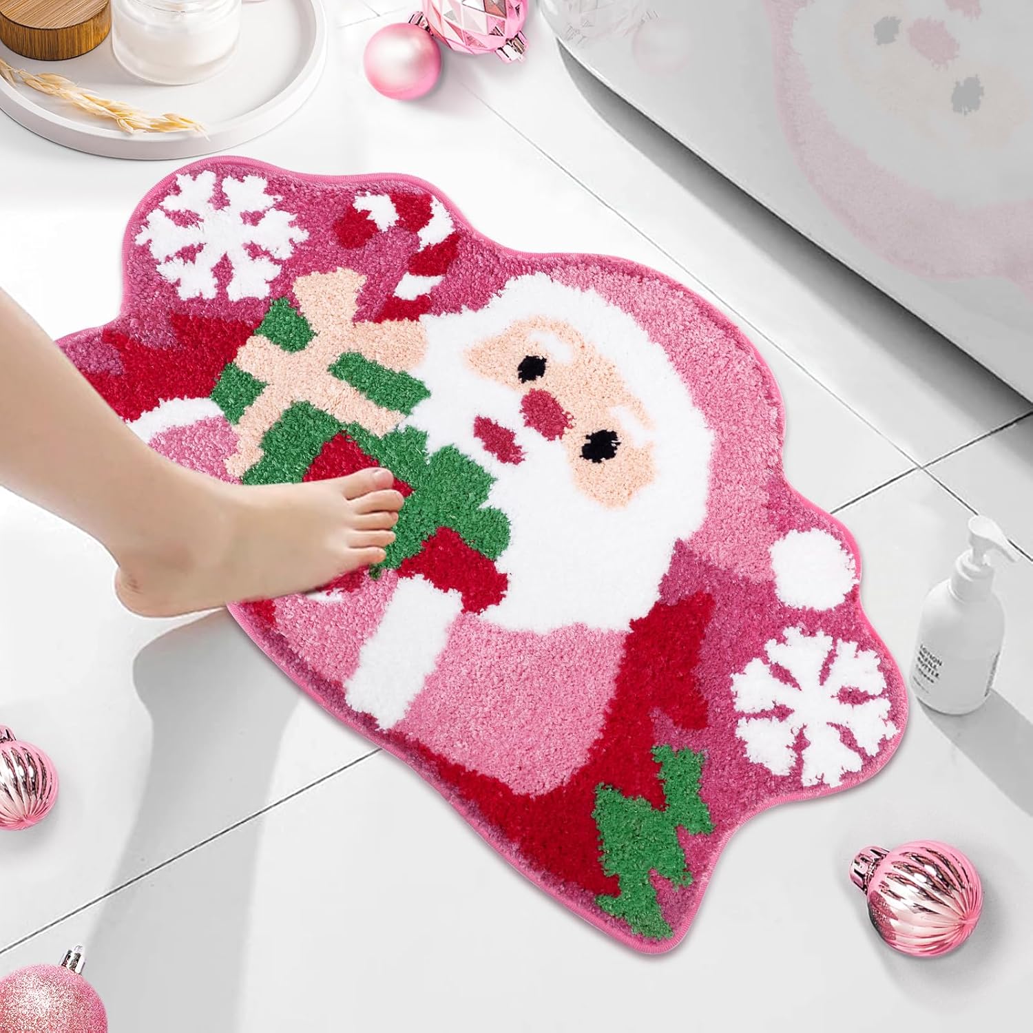 Percozzi Tapete de baño de Navidad rosa con Papá Noel, antideslizante, para baño, cocina, suave, absorbente, rosa, decoración de Navidad, Santaclaus, bonita alfombra de baño de regalo de Navidad, 29.1