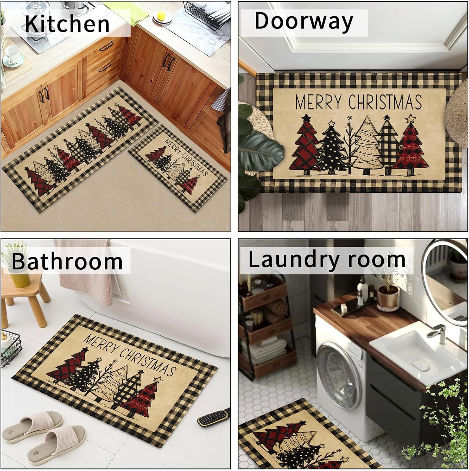 Robvobe Merry Christmas Kitchen Mats Set of 2 Xmas Tree Black Red Buffalo Plaid Print Winter Kitchen Rugs Runner Holiday Absorbent Non Slip Comfort Mat for Kitchen Floor Decor, 17"x30"+17"x47"