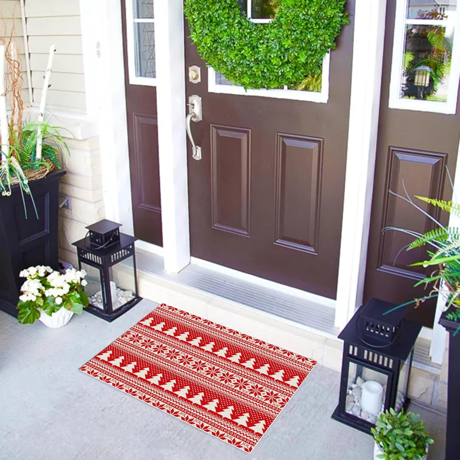 PVC Doormat Entrance Rugs Heavy Duty Welcome Mats, Red Christmas Outdoor Indoor Mats Non Slip Rubber Backing for Front Door/Yard/Garage/Garden, 50x50cm/19.69x19.69in Red Christmas Tree