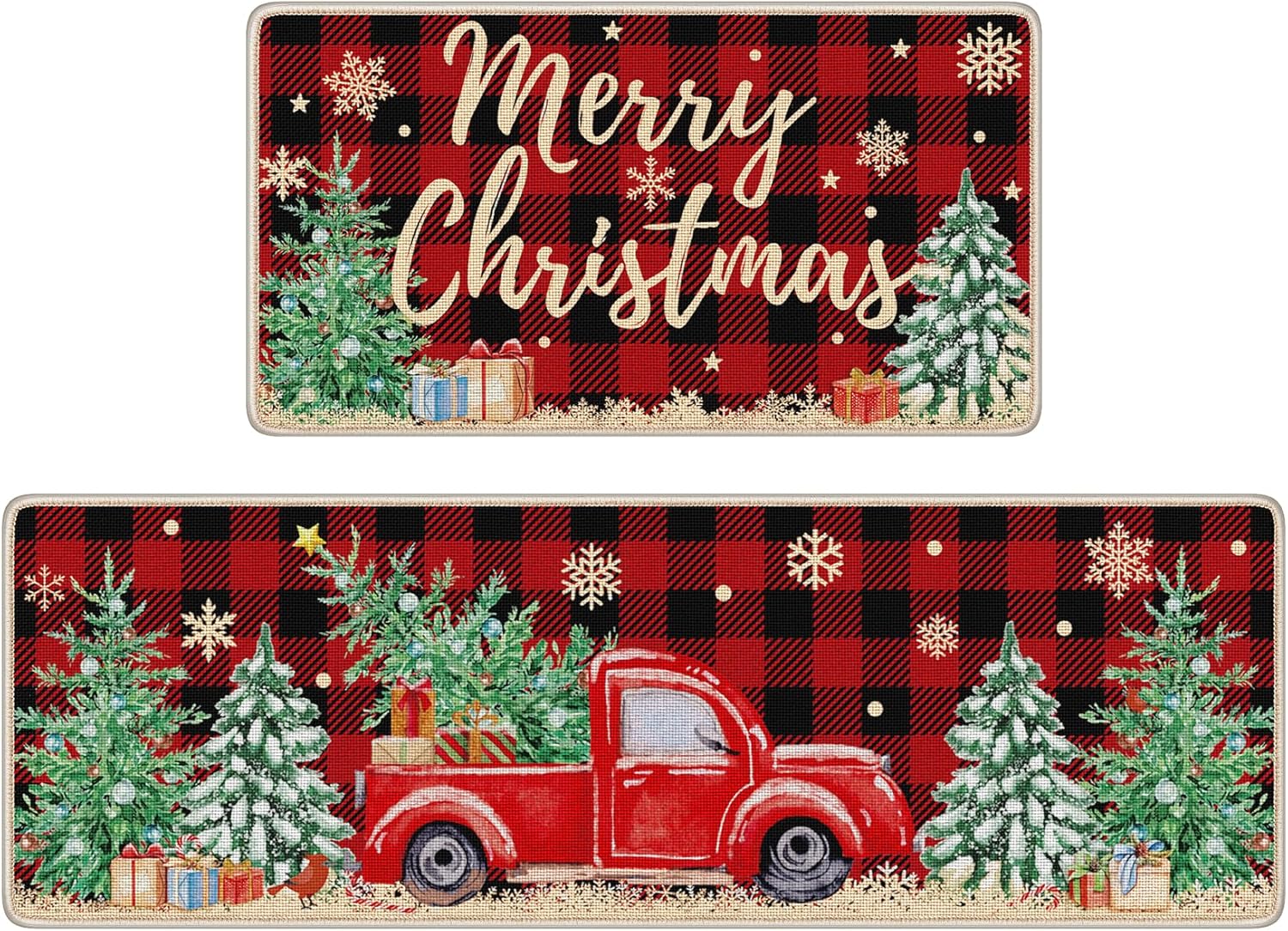 Unves Juego de 2 alfombras de cocina de Navidad, tapete de cocina de búfalo a cuadros, tapete de baño, alfombra de baño de camión rojo de granja, alfombra de feliz Navidad, decoración para suelo