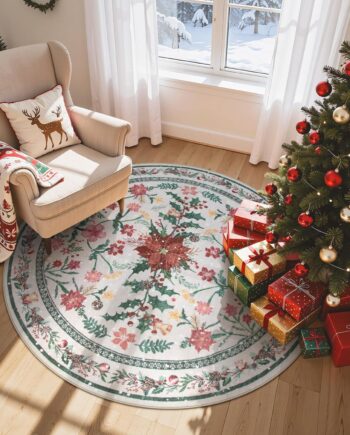 Wonnitar Tapete redondo y lavable de 5 pies, para Navidad, para dormitorio y habitación niños, con estampado de flores de Pascua, bohemio, para comedor, sala o debajo del árbol de Navidad, decorativo