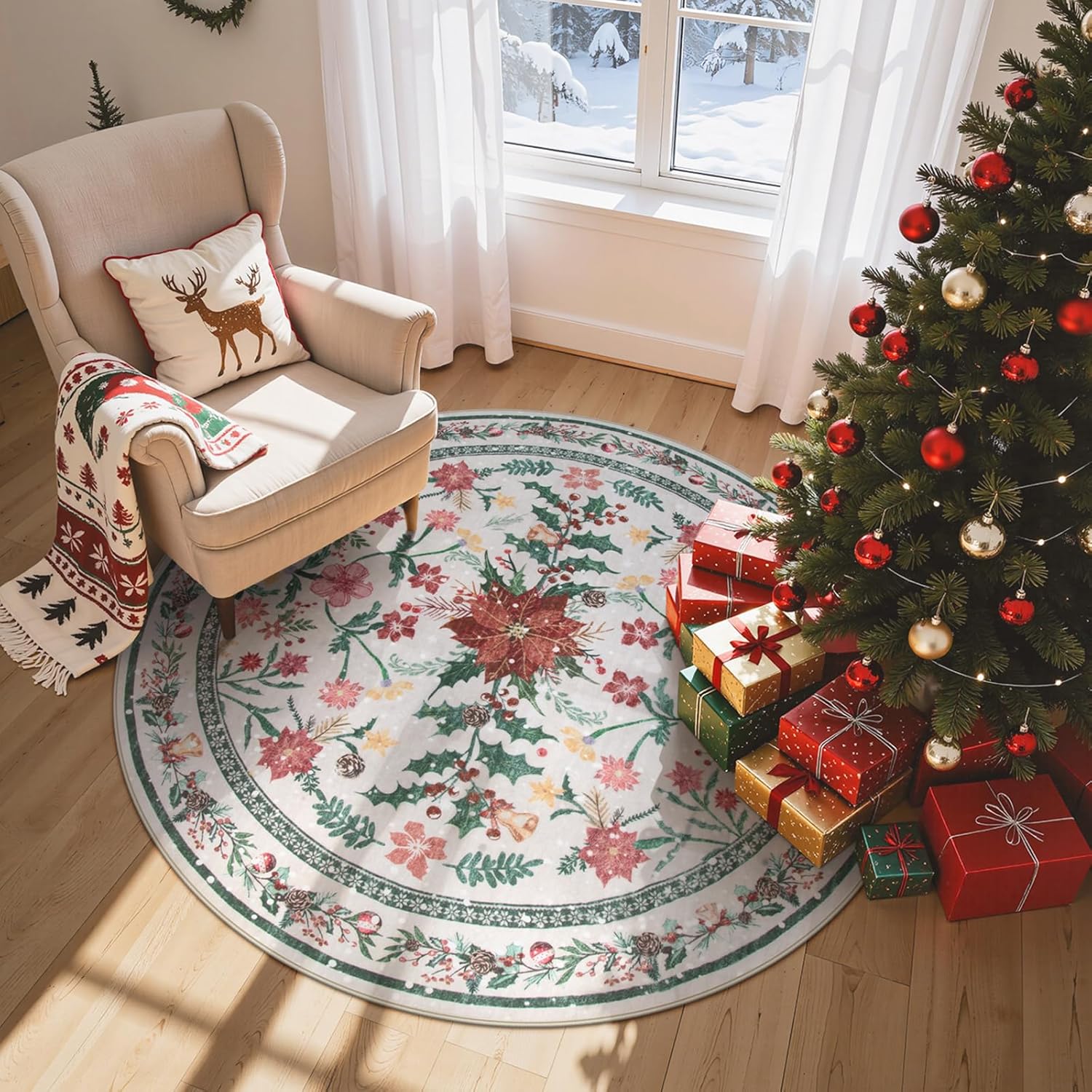 Wonnitar Tapete redondo y lavable de 5 pies, para Navidad, para dormitorio y habitación niños, con estampado de flores de Pascua, bohemio, para comedor, sala o debajo del árbol de Navidad, decorativo
