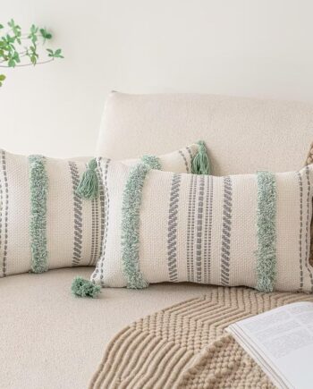 Juego de 2 fundas de almohada bohemias de 12 x 20 pulgadas, fundas de almohada tejidas con borlas y rayas texturizadas, fundas de cojín lumbar, fundas de almohada decorativas para sofá, cama, color