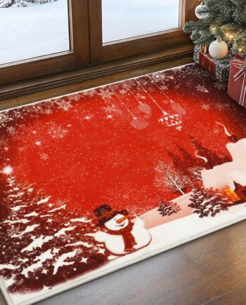 FRAMICS Alfombra de Navidad con diseño de muñeco de nieve, alfombra roja de 2 x 3 pulgadas, lavable y antideslizante para entrada, tapete de Navidad suave para puerta delantera, tapete de Navidad