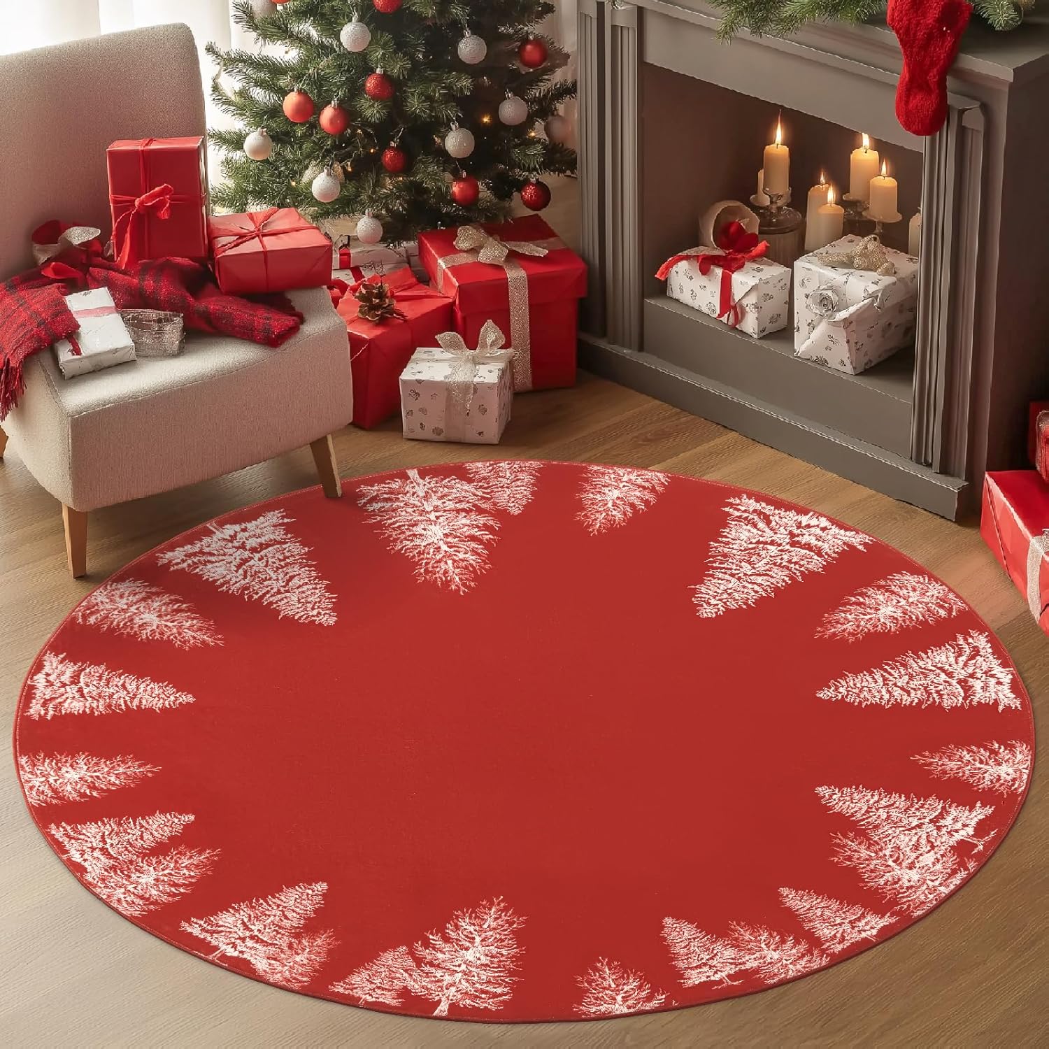 Jinchan Alfombra redonda de Navidad – 5 pies color rojo árbol de Navidad lavable antideslizante alfombra suave para cocina, dormitorio, vestíbulo, guardería, sala de estar, entrada