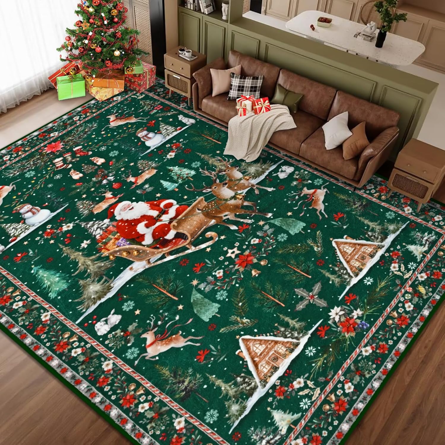 ASPMIZ Alfombra de Navidad de 8 x 10 pies, lavable, antideslizante, alfombra de Papá Noel para sala de estar, pelo corto, suave de lana sintética, para invierno, alfombra grande para dormitorio